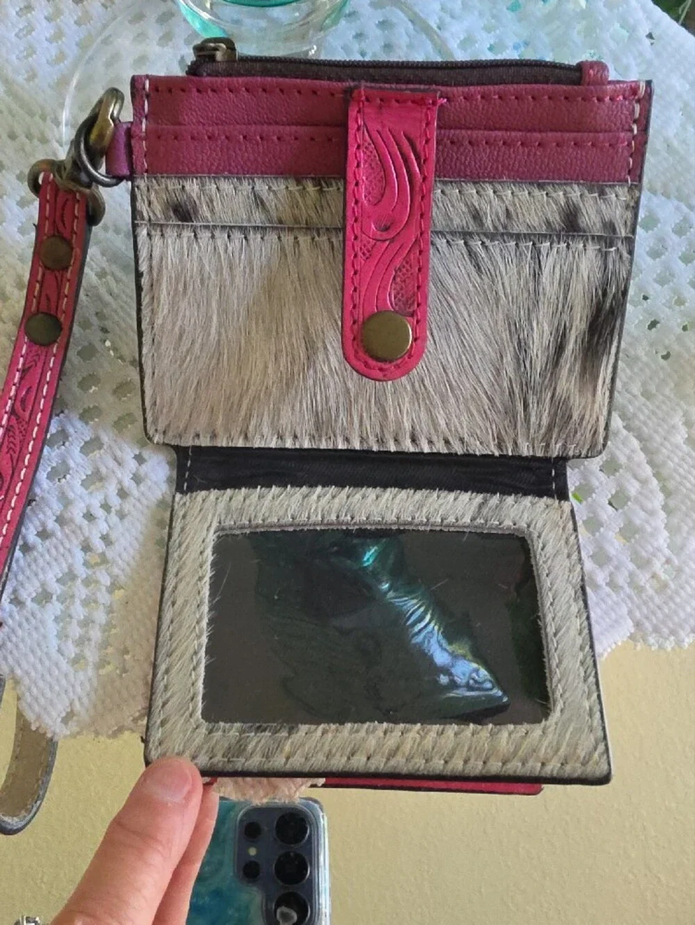 Wrangler Pink Tooled Leather Wristlet with Floral Embossing And Cowhide